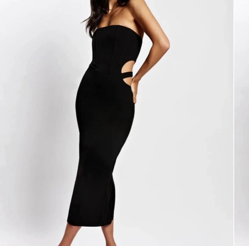 Meshki New Black Strapless Cutout Midi Dress