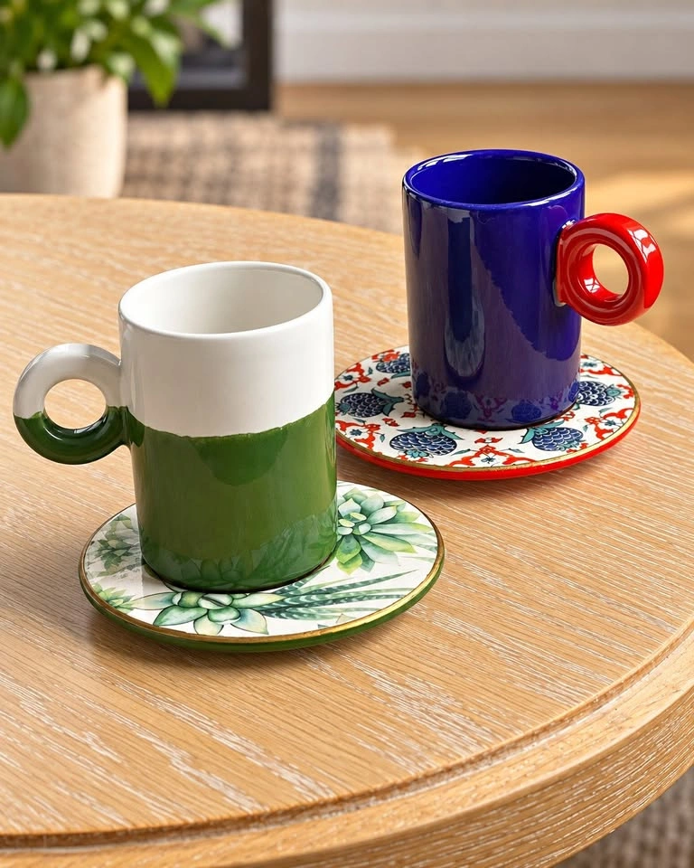 Seyda & Asli Ceramic Mug & Saucer Set, Pair