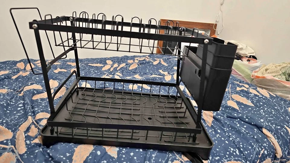 Black 2-Tier Metal Dish Drying Rack with Drainboard