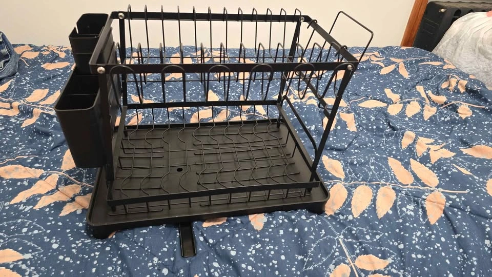 Black 2-Tier Metal Dish Drying Rack with Drainboard - photo 3
