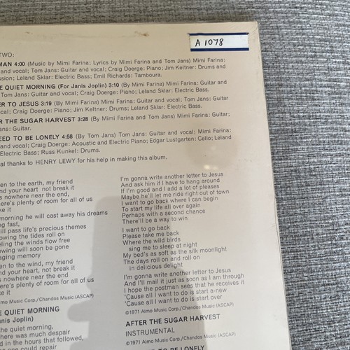 Mimi Farina and Tom Jans - Take Heart - 1971 Vinyl LP - photo 4