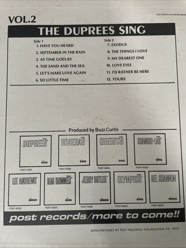 The Duprees Sing Vol 2 Vinyl LP Post Records POST-11000 - photo 4