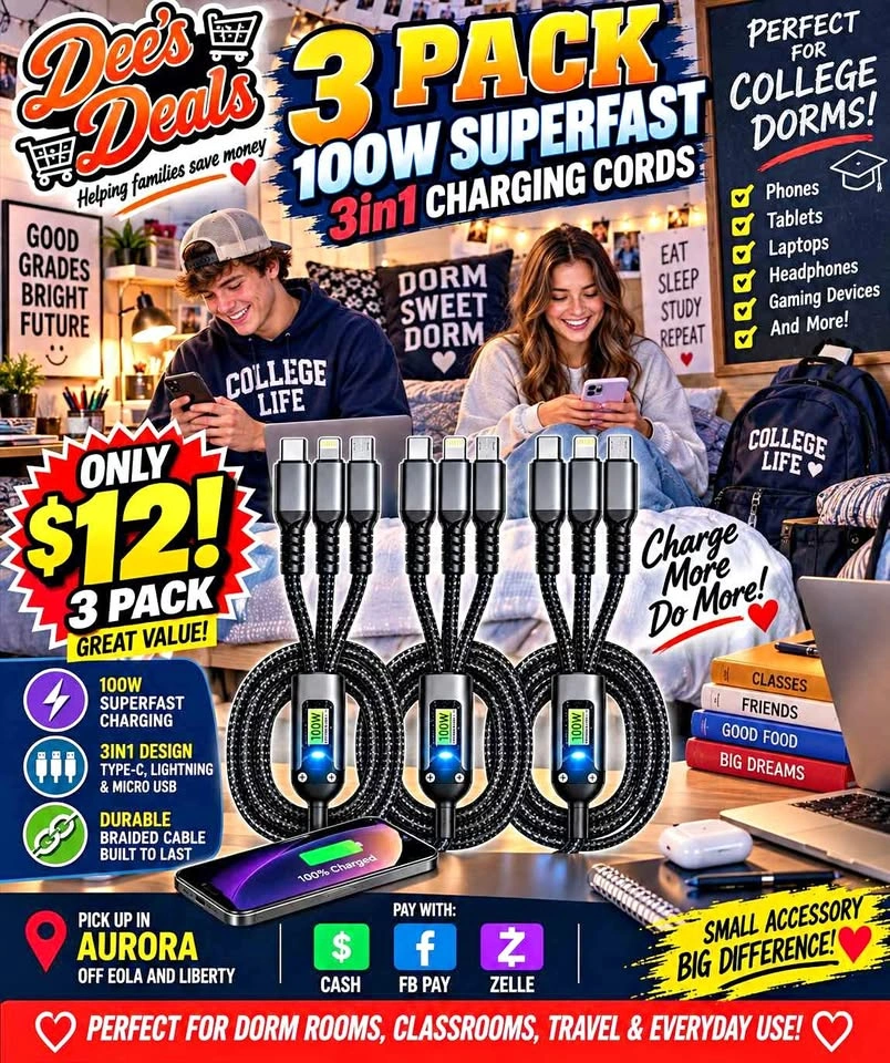 3 Pack 100W 3n1 charging cords Only $10!