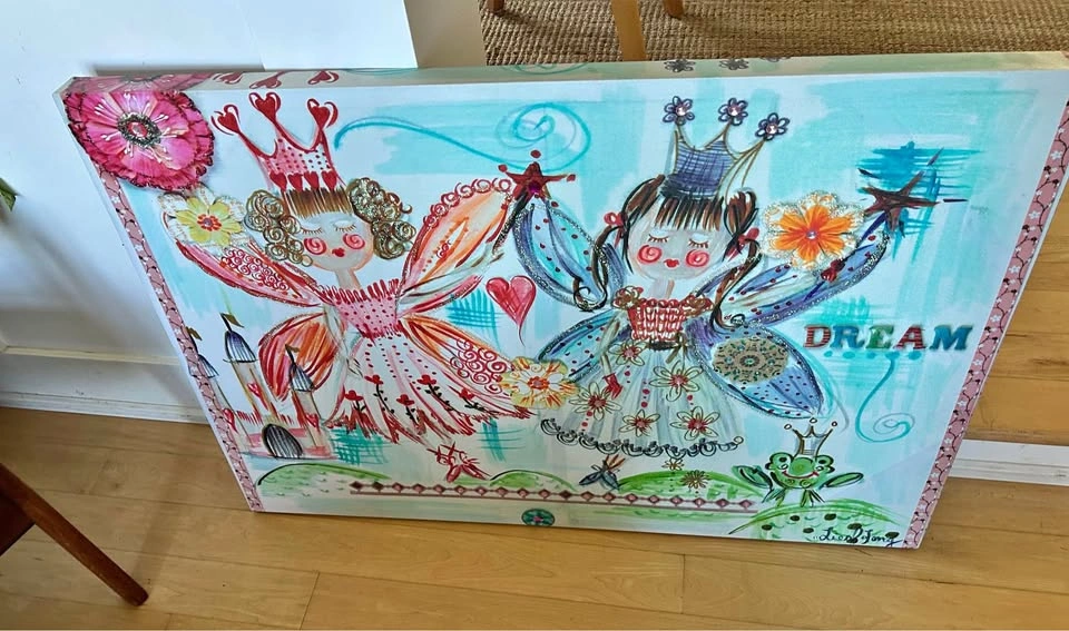 3 x 2 ft Whimsical Fairy Mixed Media Canvas Painting