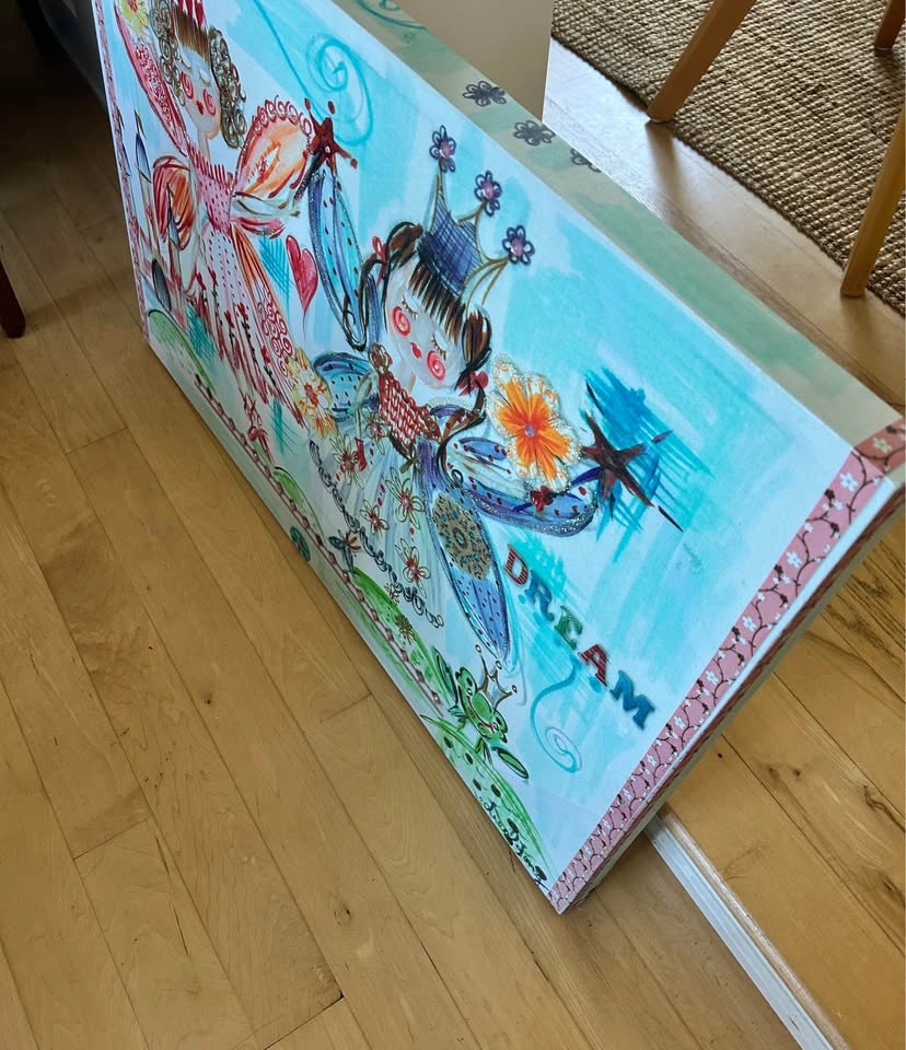 3 x 2 ft Whimsical Fairy Mixed Media Canvas Painting - photo 2