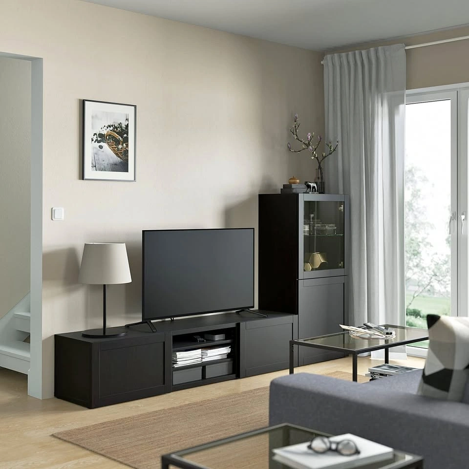 Modern Black TV Unit w/ Glass Doors