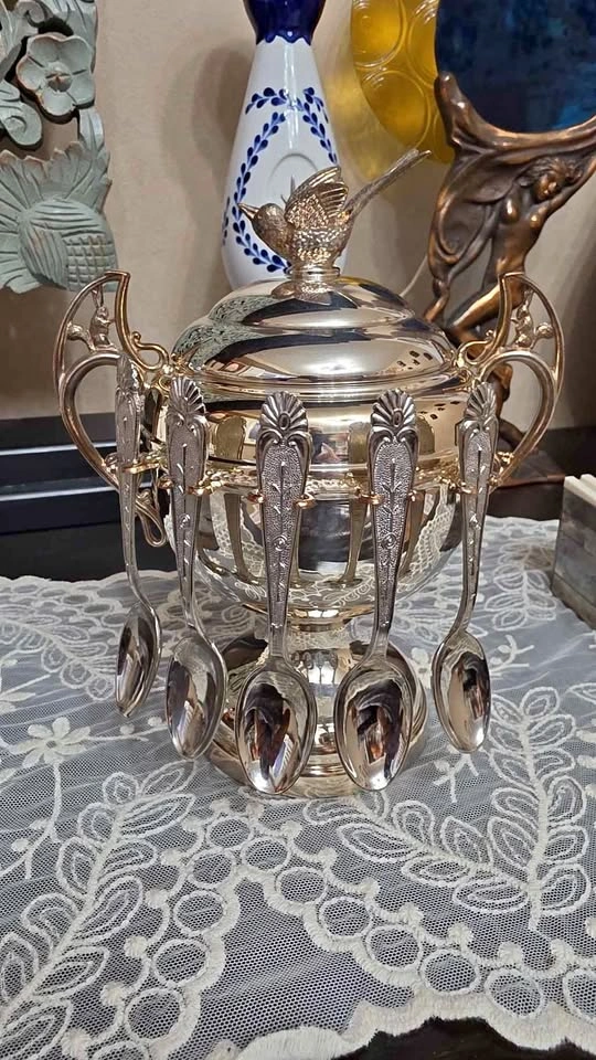 Vintage Silver-Plated Sugar Bowl with Spoon Set