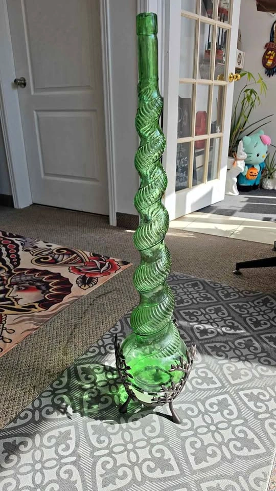 Vintage Green Spiral Glass Genie Bottle with Metal Stand 80cm