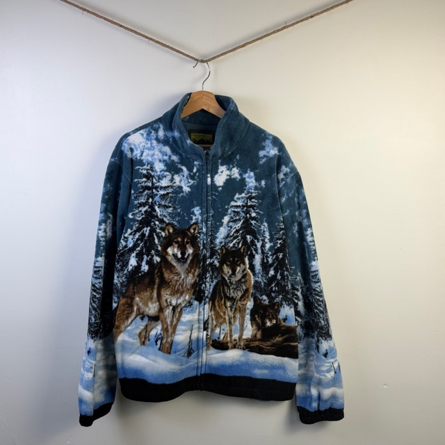 [Vintage] Wolf Print Full-Zip Fleece Jacket XL