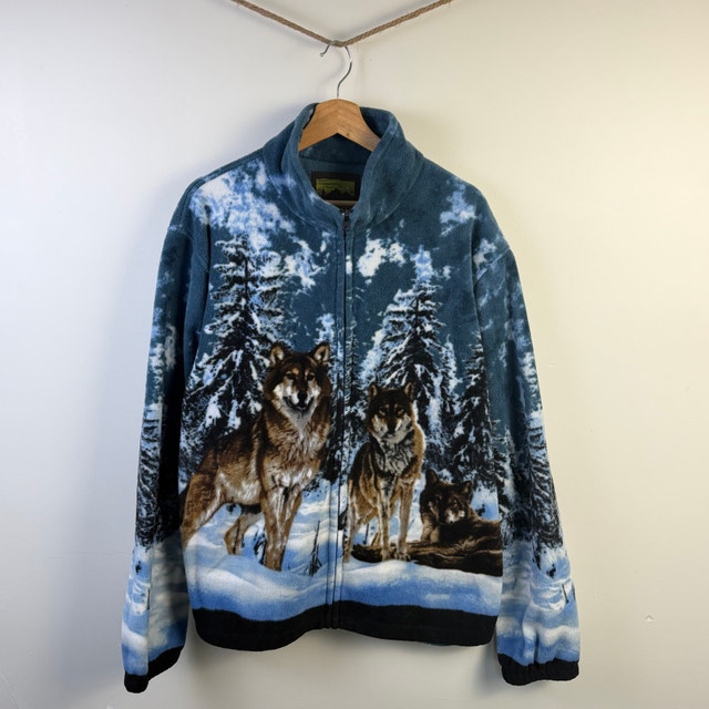 [Vintage] Wolf Print Full-Zip Fleece Jacket XL - photo 2