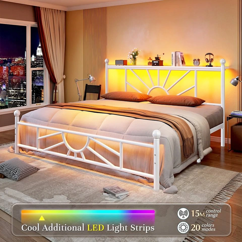 New Queen Metal Bed Frame with LED Lights & Storage