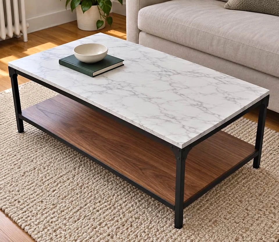 Modern Industrial Marble-Look and Walnut Coffee Table
