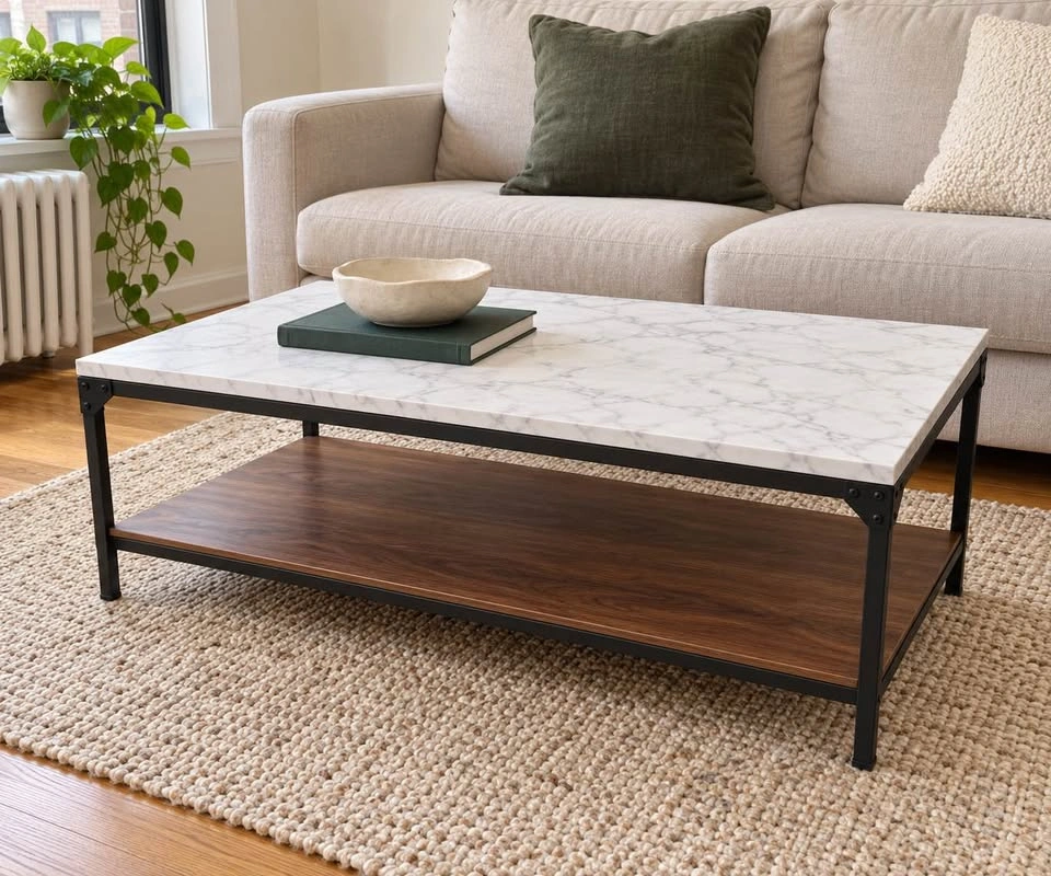 Modern Industrial Marble-Look and Walnut Coffee Table - photo 2