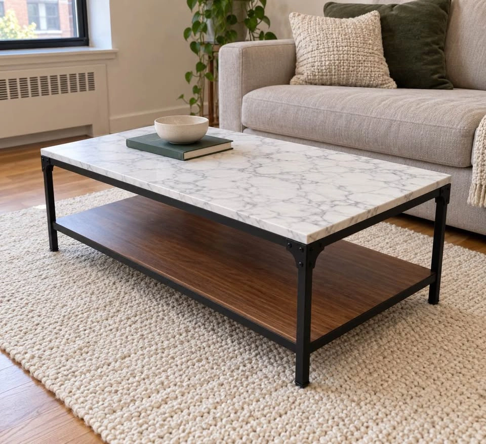 Modern Industrial Marble-Look and Walnut Coffee Table - photo 3