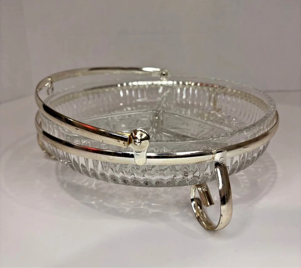 Vintage Mayell Divided Glass Dish with Silver Plated Stand