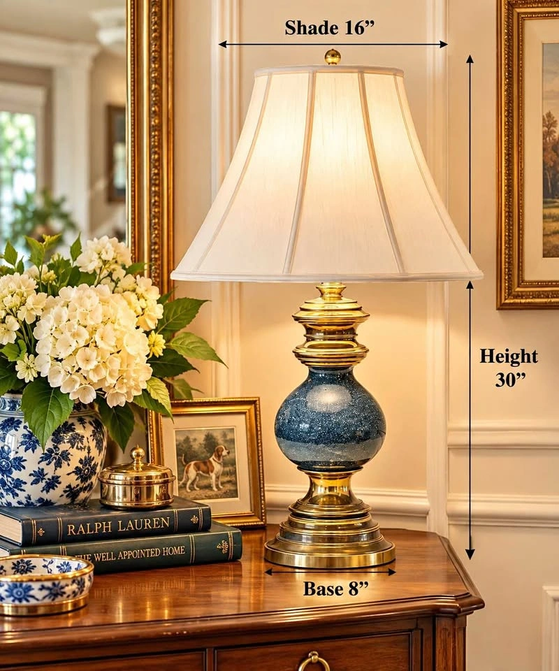 Vintage Mid Century Table Lamp Brass & Enamel Mottled Dark Blue