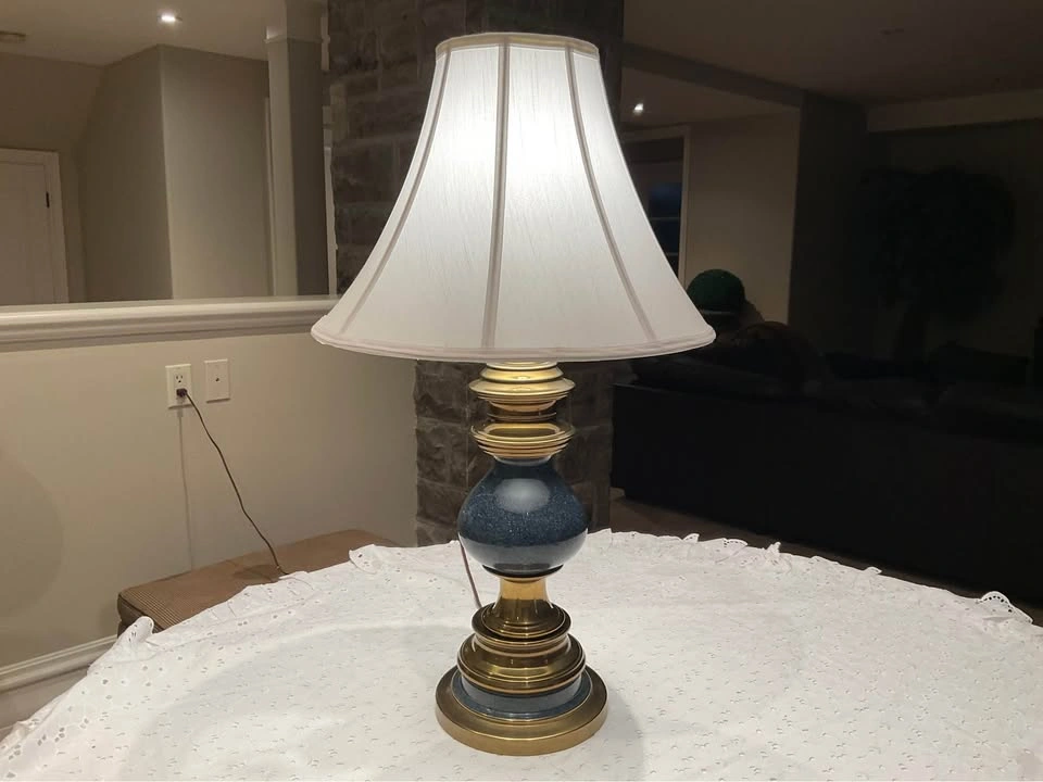 Vintage Mid Century Table Lamp Brass & Enamel Mottled Dark Blue - photo 3
