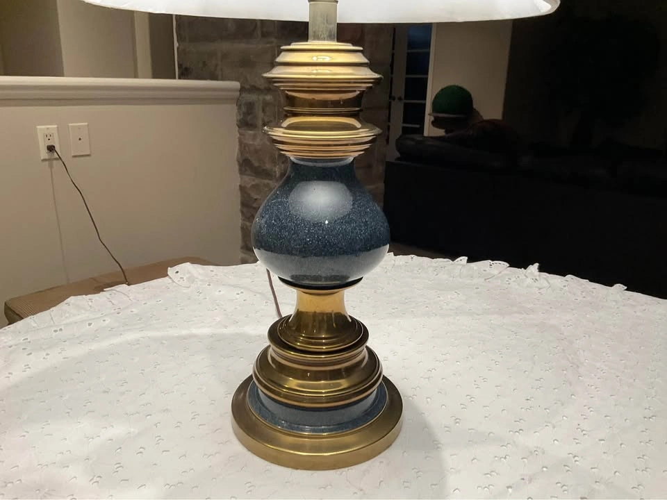 Vintage Mid Century Table Lamp Brass & Enamel Mottled Dark Blue - photo 4