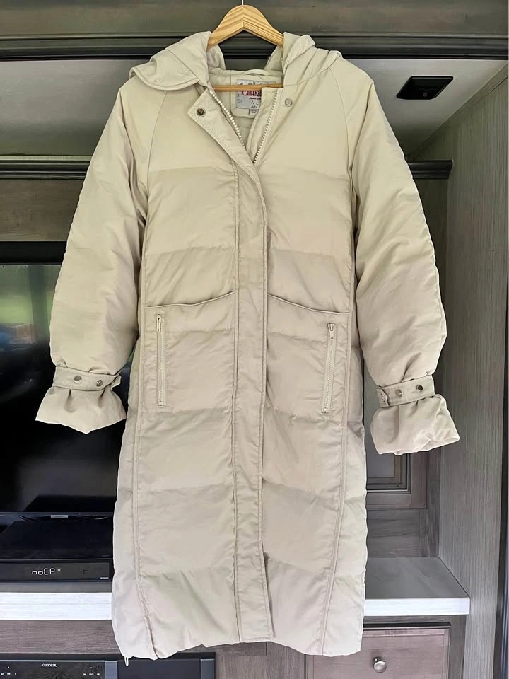 Full length down coat with hood