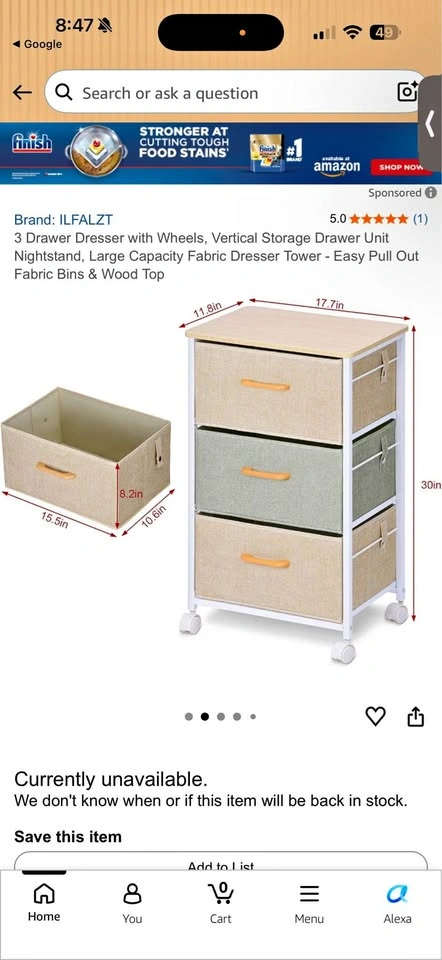 3 Drawer Dresser with Wheels, Vertical Storage Nightstand