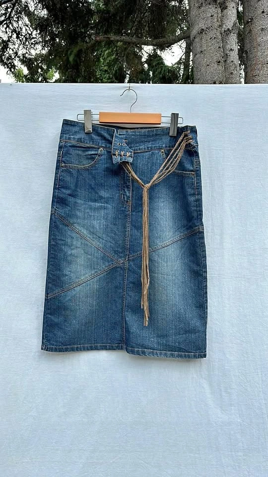 Denim Jean Skirt With Leather Ties