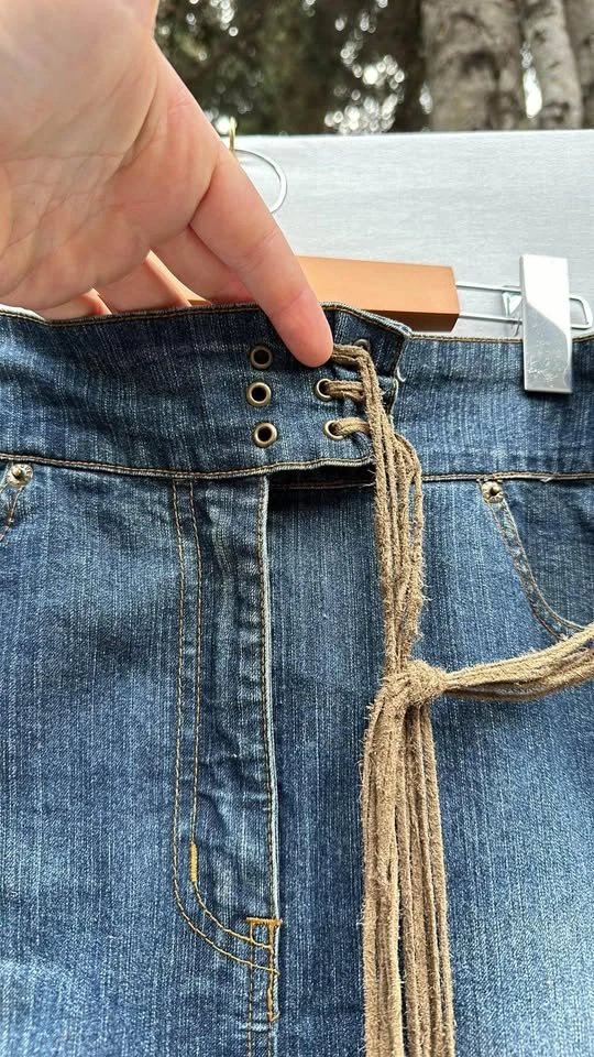 Denim Jean Skirt With Leather Ties - photo 3