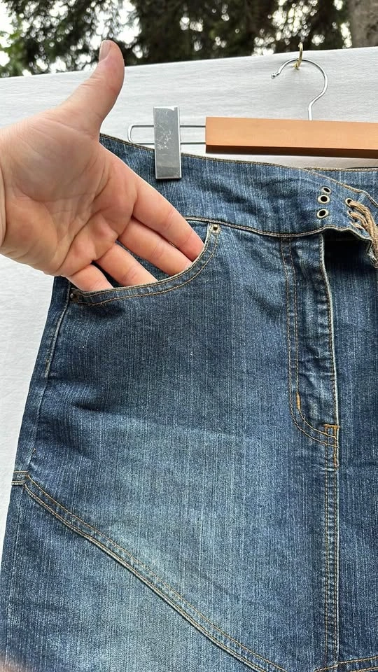 Denim Jean Skirt With Leather Ties - photo 4