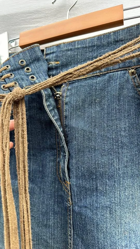 Denim Jean Skirt With Leather Ties - photo 5