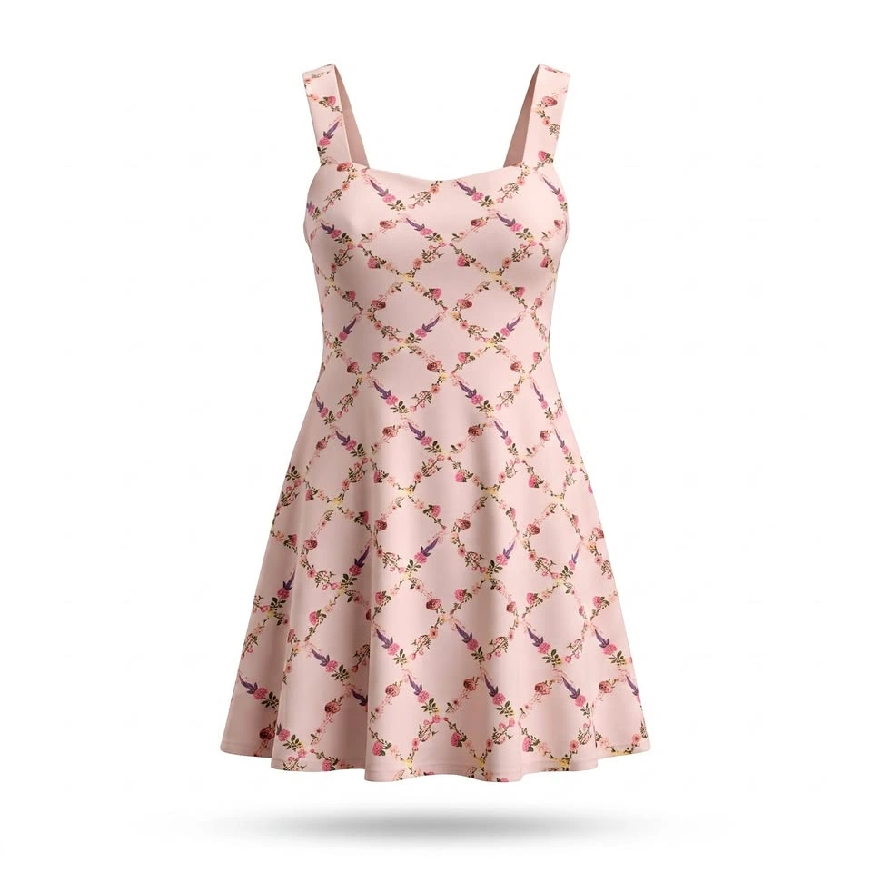 Japna Pink Floral Lattice Sundress Square Neck Smocked Back XL