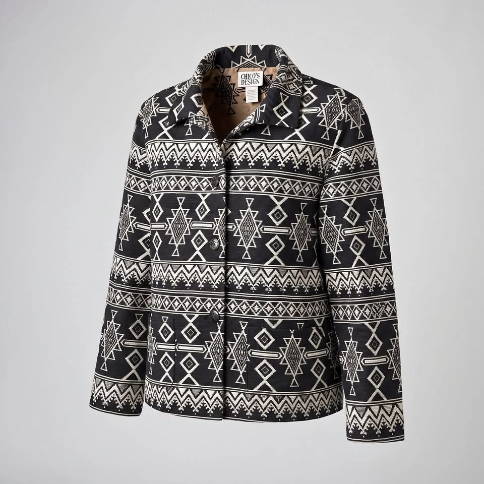 Chico's Black & Cream Aztec Geometric Woven Jacket Size 0