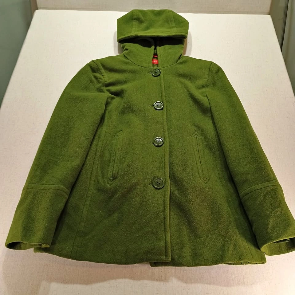 AK Anne Klein Olive Green Wool Blend Hooded Pea Coat Size S