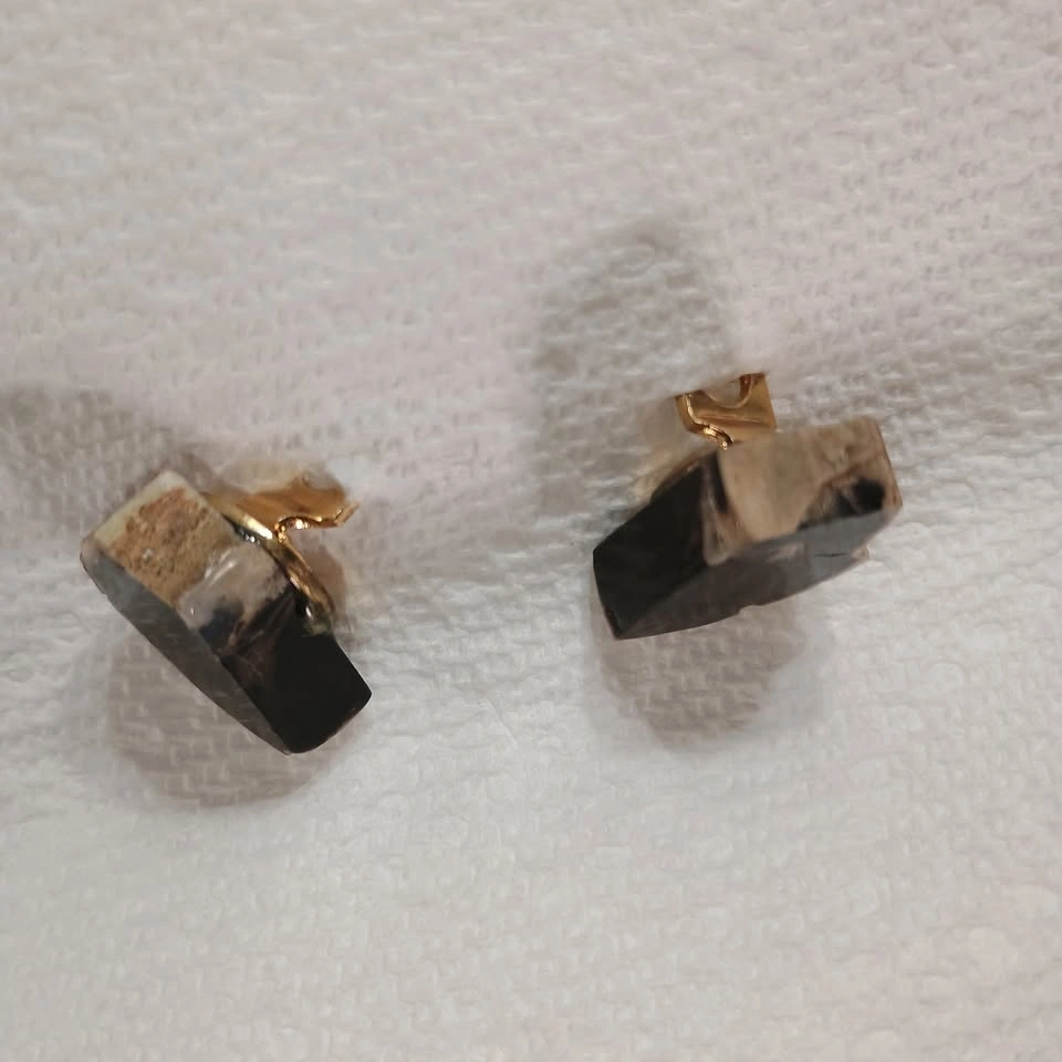 Vintage Petrified Wood Cufflinks Polished Black Stone Gold Tone - photo 3