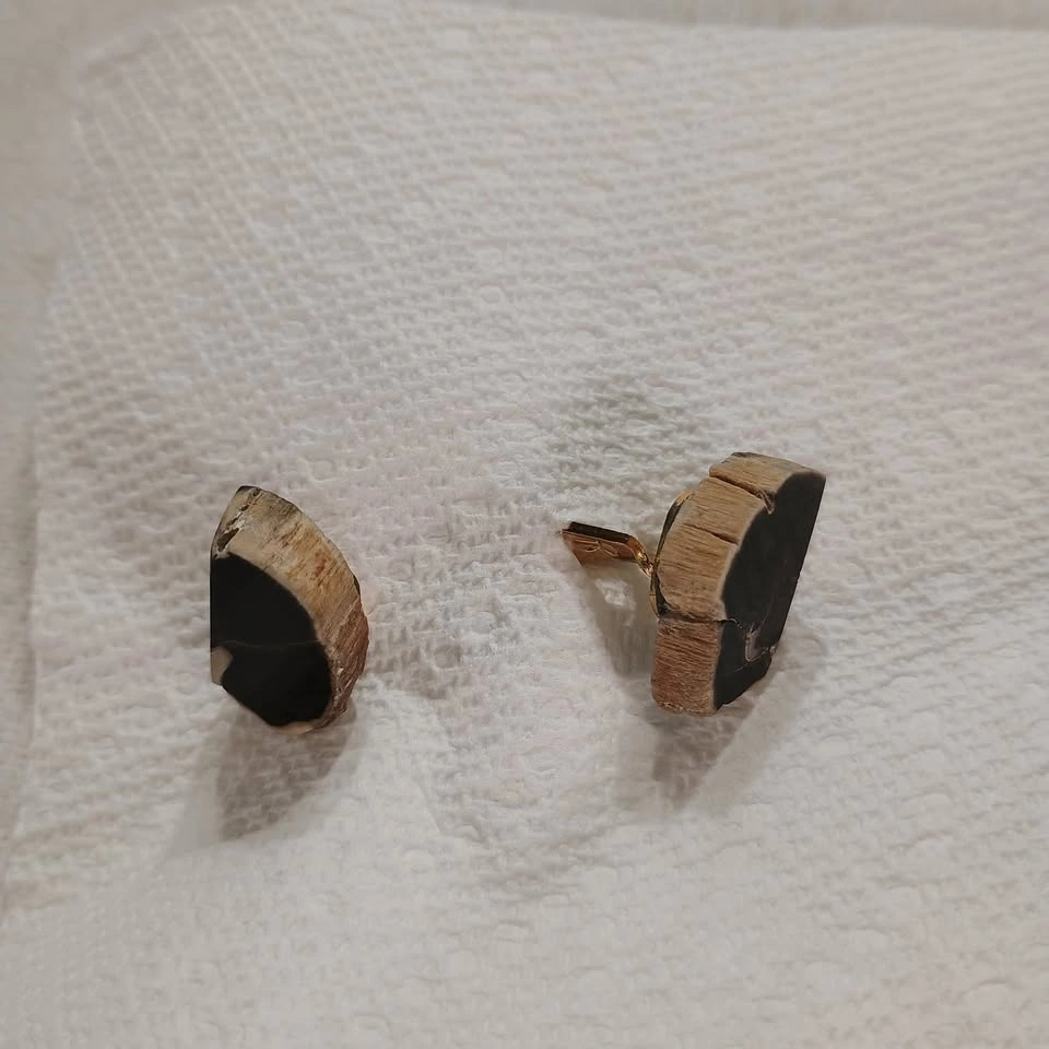 Vintage Petrified Wood Cufflinks Polished Black Stone Gold Tone - photo 4