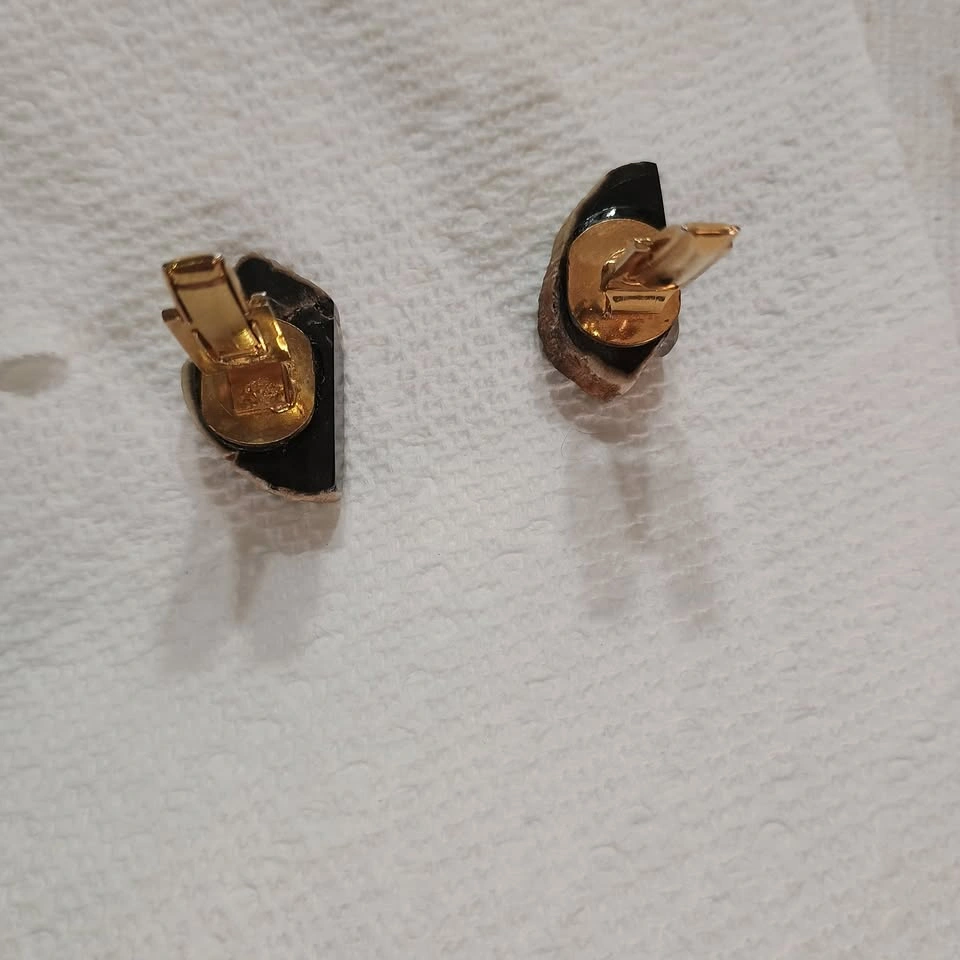 Vintage Petrified Wood Cufflinks Polished Black Stone Gold Tone - photo 5