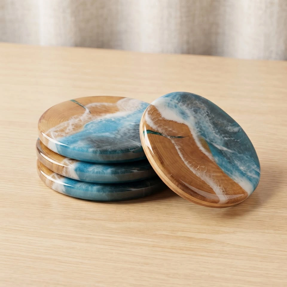 Handcrafted Wood and Resin Ocean Wave Coasters Set of 4