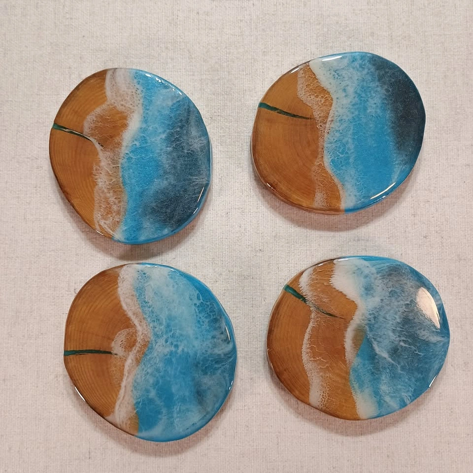 Handcrafted Wood and Resin Ocean Wave Coasters Set of 4 - photo 2