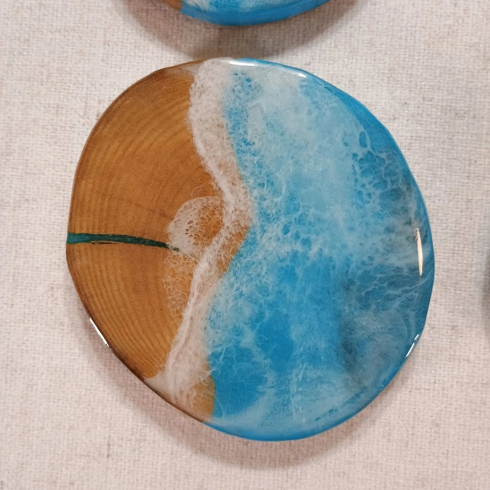 Handcrafted Wood and Resin Ocean Wave Coasters Set of 4 - photo 3