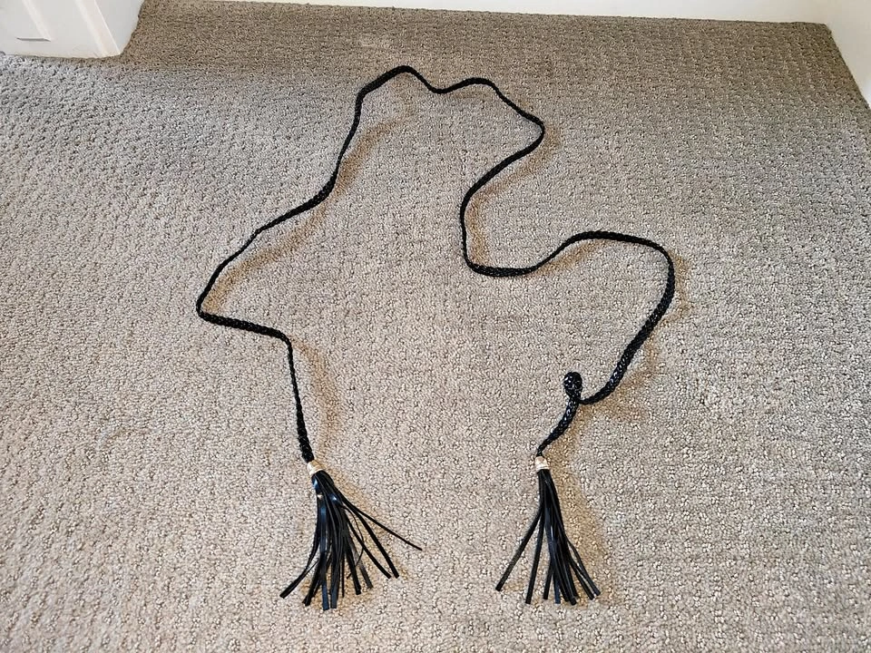 Women Waist Belt Woven Black Skinny Tassel Belt
