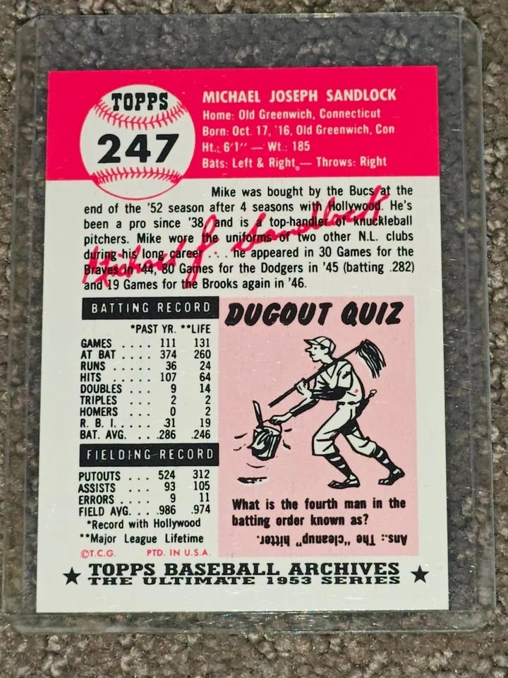 1991 Topps Baseball Card Archives #247 Mike Sandlock 1953 Series - photo 2