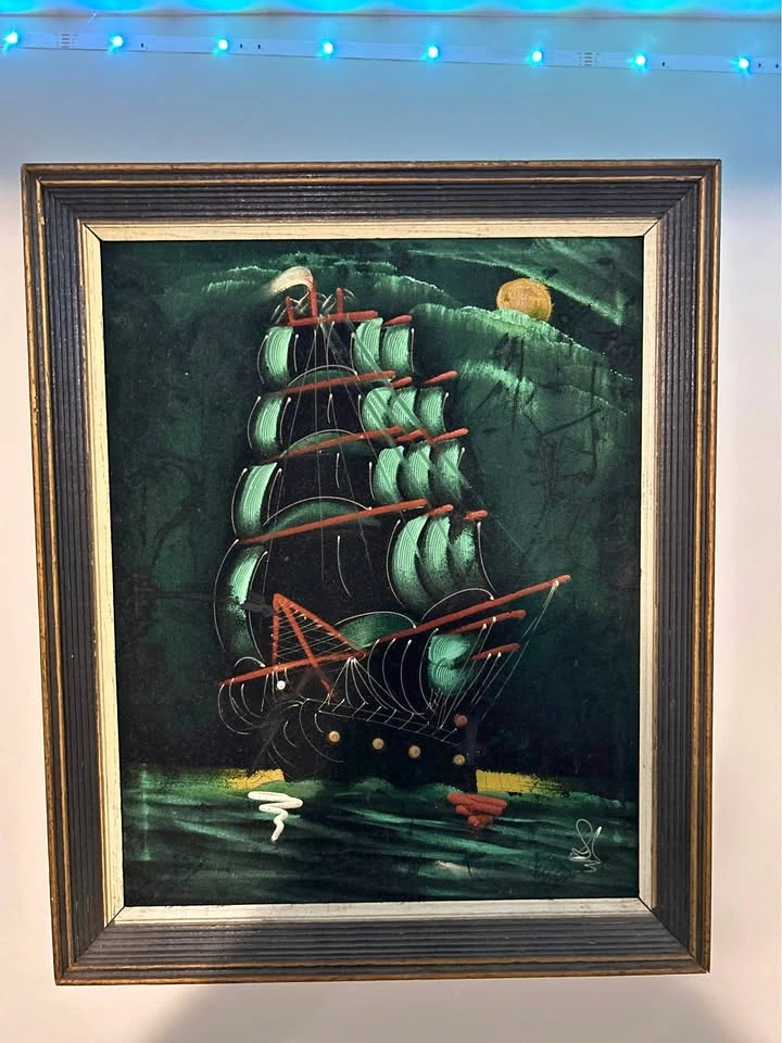 Vintage Black Velvet Clipper Ship Painting (Framed)