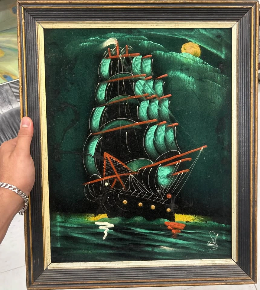 Vintage Black Velvet Clipper Ship Painting (Framed) - photo 2