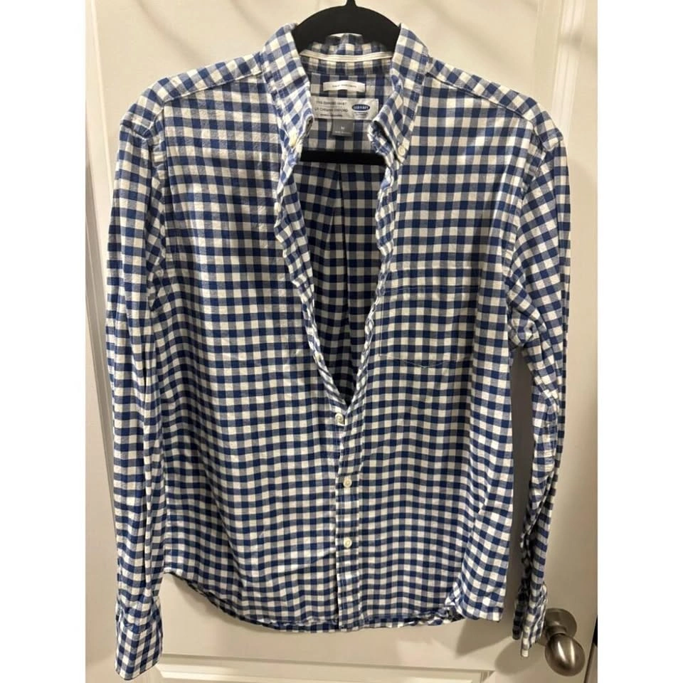 Old Navy Men's Medium Blue/White Gingham Oxford Shirt - Slim Fit