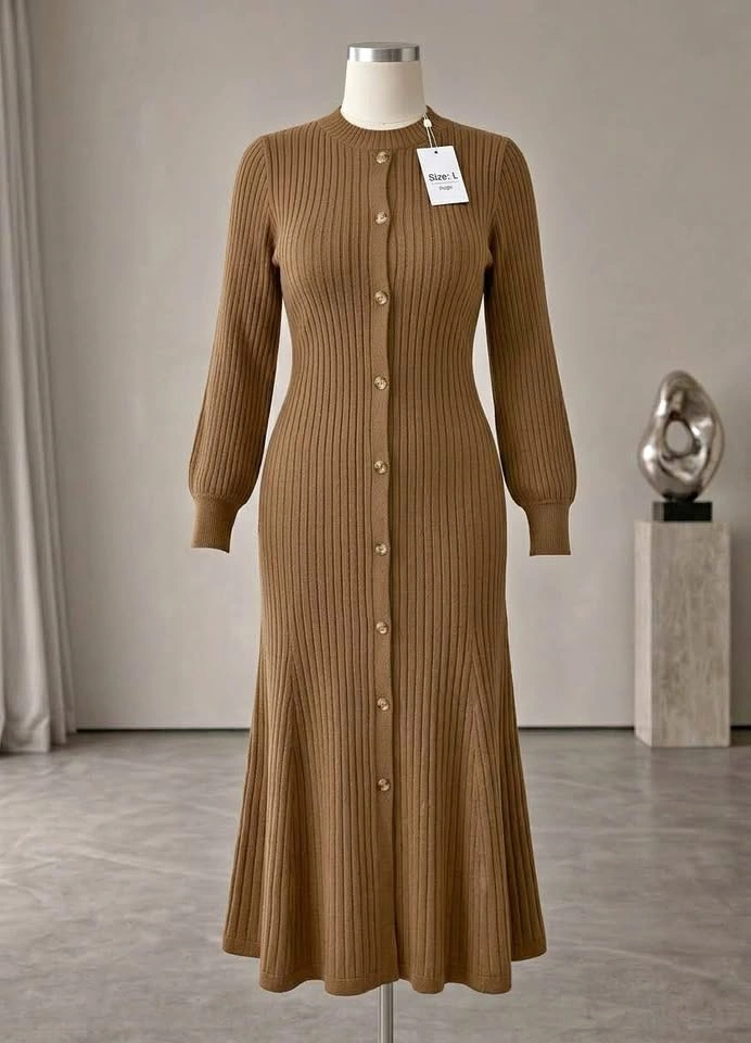 Fall & Winter Elegant Camel Knit Long Sleeve Maxi Dress M/L
