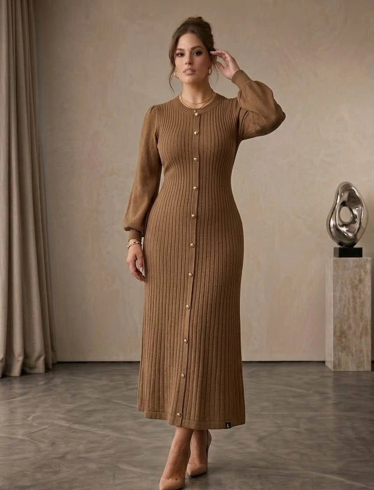 Fall & Winter Elegant Camel Knit Long Sleeve Maxi Dress M/L - photo 2