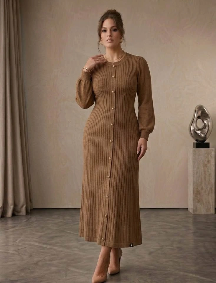 Fall & Winter Elegant Camel Knit Long Sleeve Maxi Dress M/L - photo 3