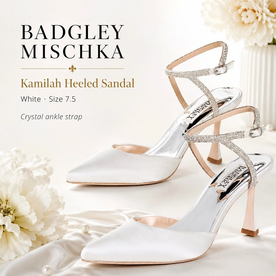 Badgley Mischka Kamilah White Satin Crystal Heels Women's 7.5