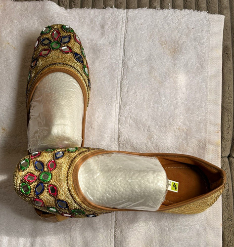 Womens Gold Multicolor Embroidered Beaded Wedding Flats