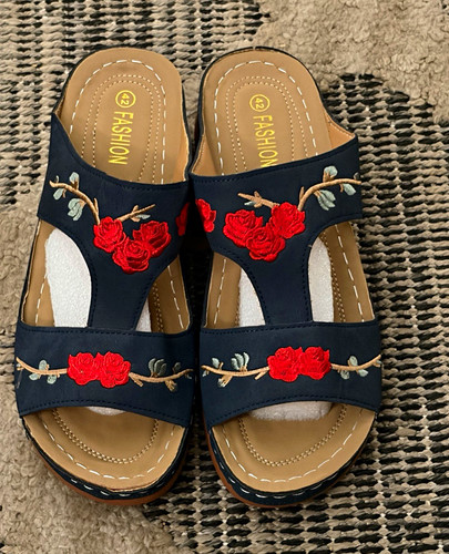 Women’s Navy/Red Slide Sandals, Embroidered Floral Rose, EU 42