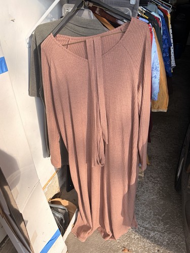 WOMENS BROWN RIBBED KNIT MIDI SWEATER DRESS SCOOP NECK - photo 2
