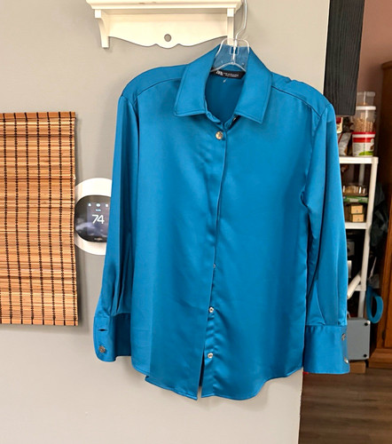 ZARA Ladies Blue Collared Button-Up Blouse - Size XS